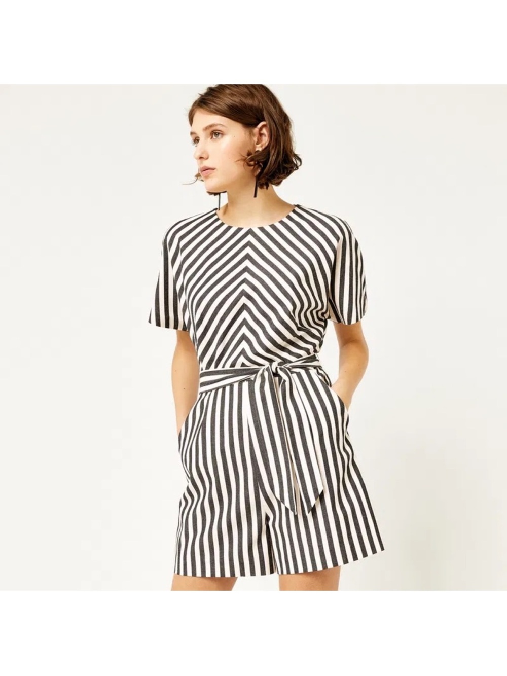 Warehouse Black and White Striped Romper with Tie Waist